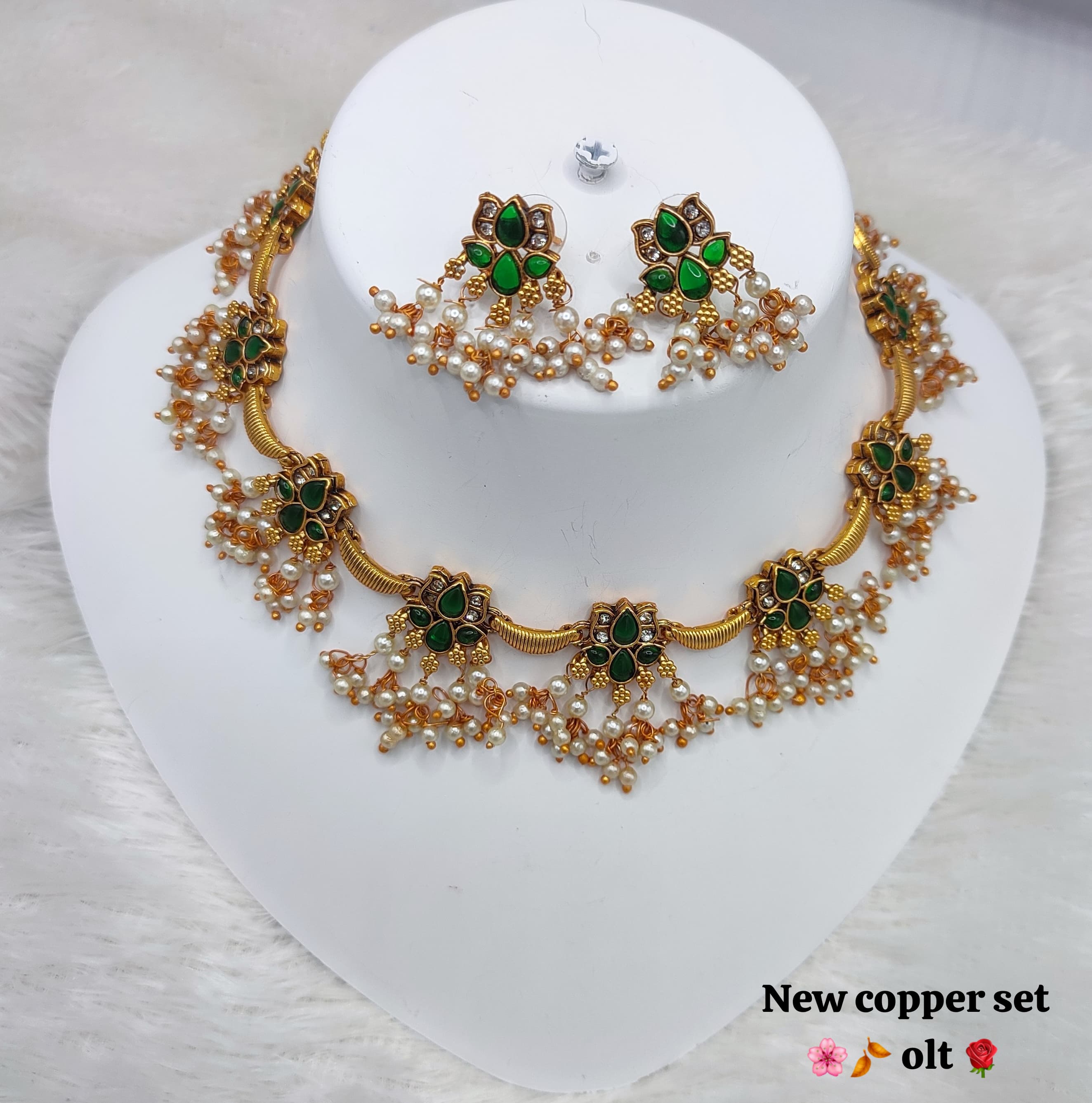 Floral Motif Temple Necklace with Pearl & Green Stone Choker & Earrings Set